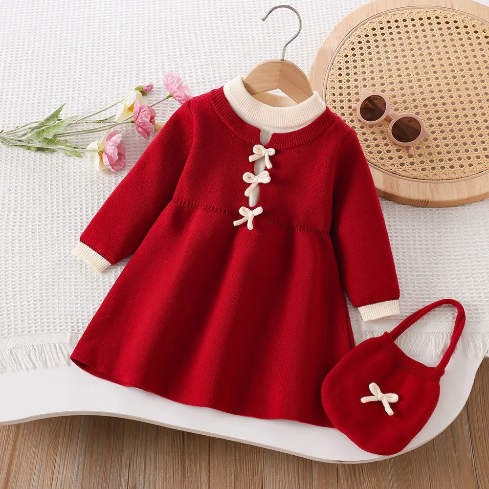 Girls' Sweater Dress Autumn/Winter New Fashionable Children's Sweet Bow Knitted Fake Two Princess Skirts