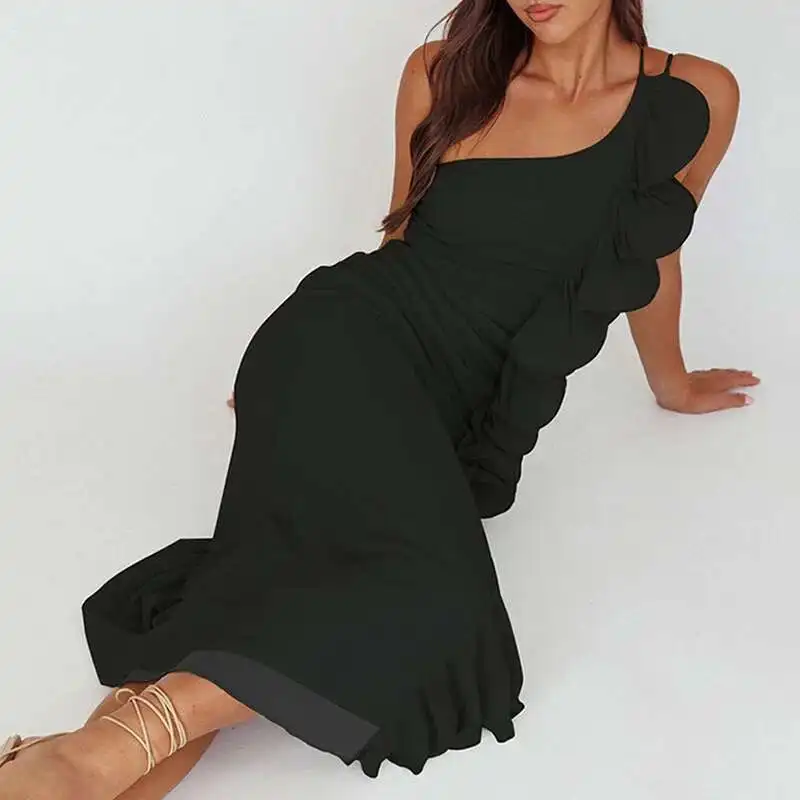 Sexy Backless Slim A-Line Casual Ruffled Irregular Beach Long New 2025 Summer Lady Slanted Collar Draped Split Dress