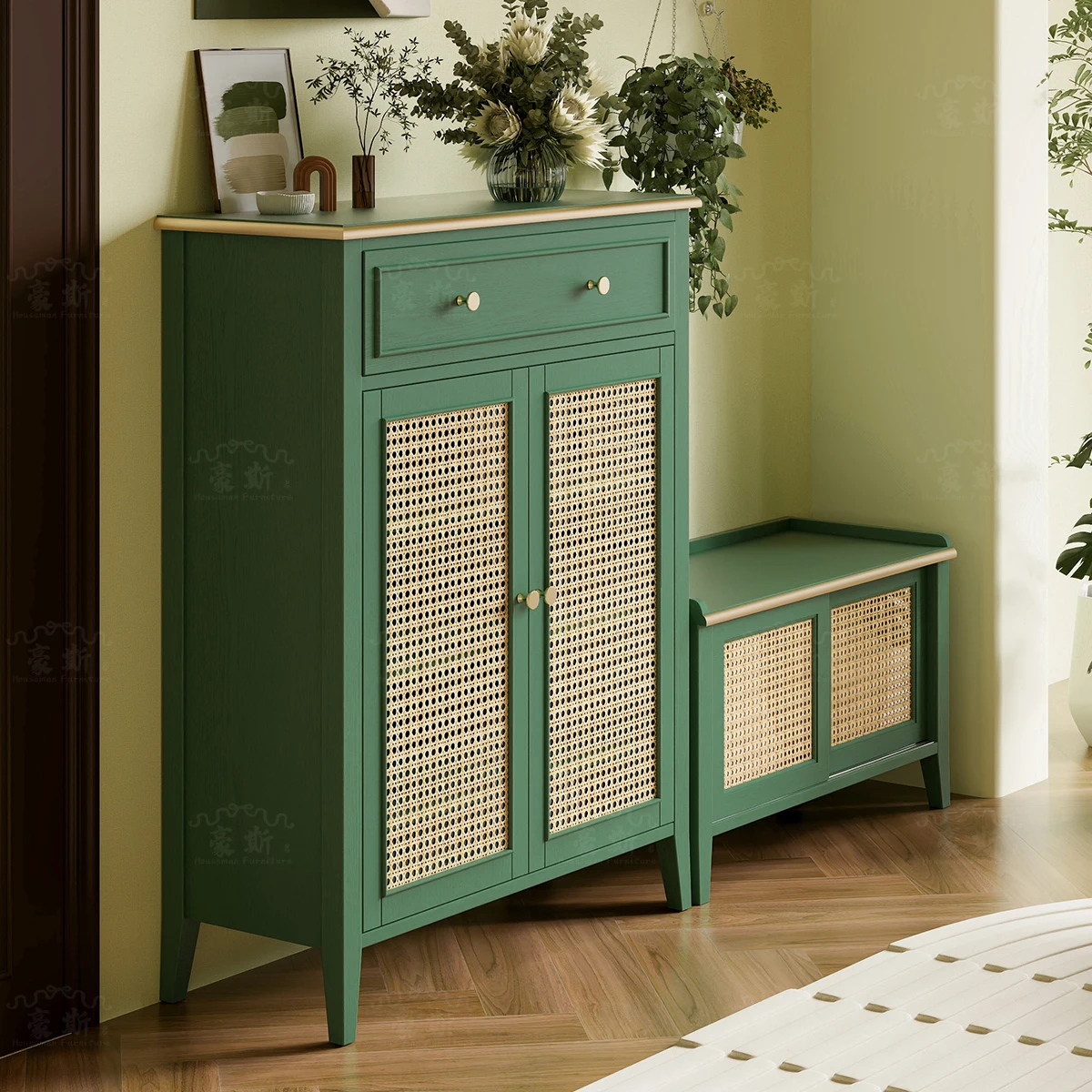 

American rattan shoe changing stool retro green solid wood sitting shoe cabinet storage stool home door sliding door shoe stool