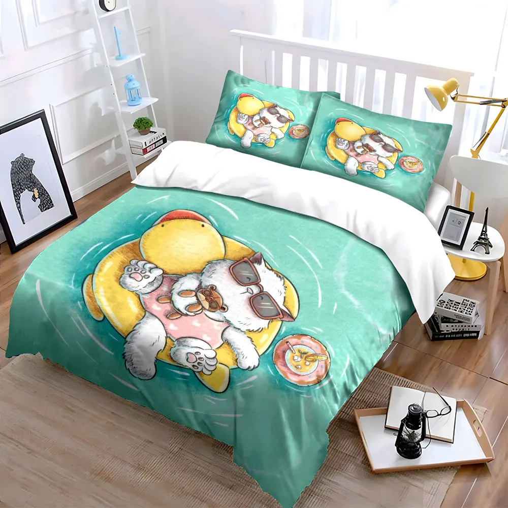 Relaxing Cat Pool Decoration Set Soft Skin-Friendly Bedding Set Includes 1 Duvet Cover And 2 Pillowcase, Gift