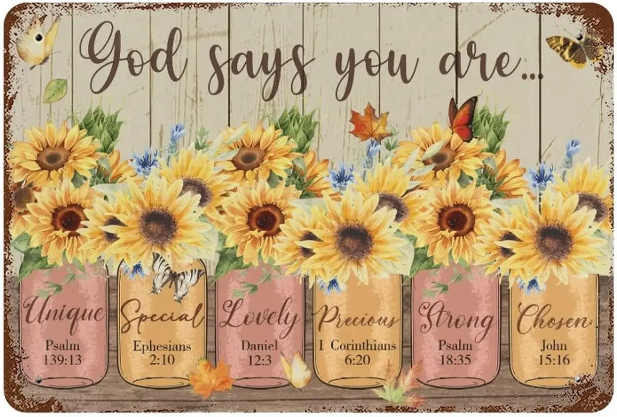 God Says You Are Sunflower Bible Verse Inspirational Metal Tin Sign Christian Art Vintage Wall Decor Novelty Busted Knuckle Gara