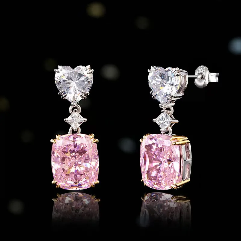 Shining U S925 Silver 10*12mm Pink High Carbon Diamond Drop Earrings for Women Fine Jewelry Wedding Party