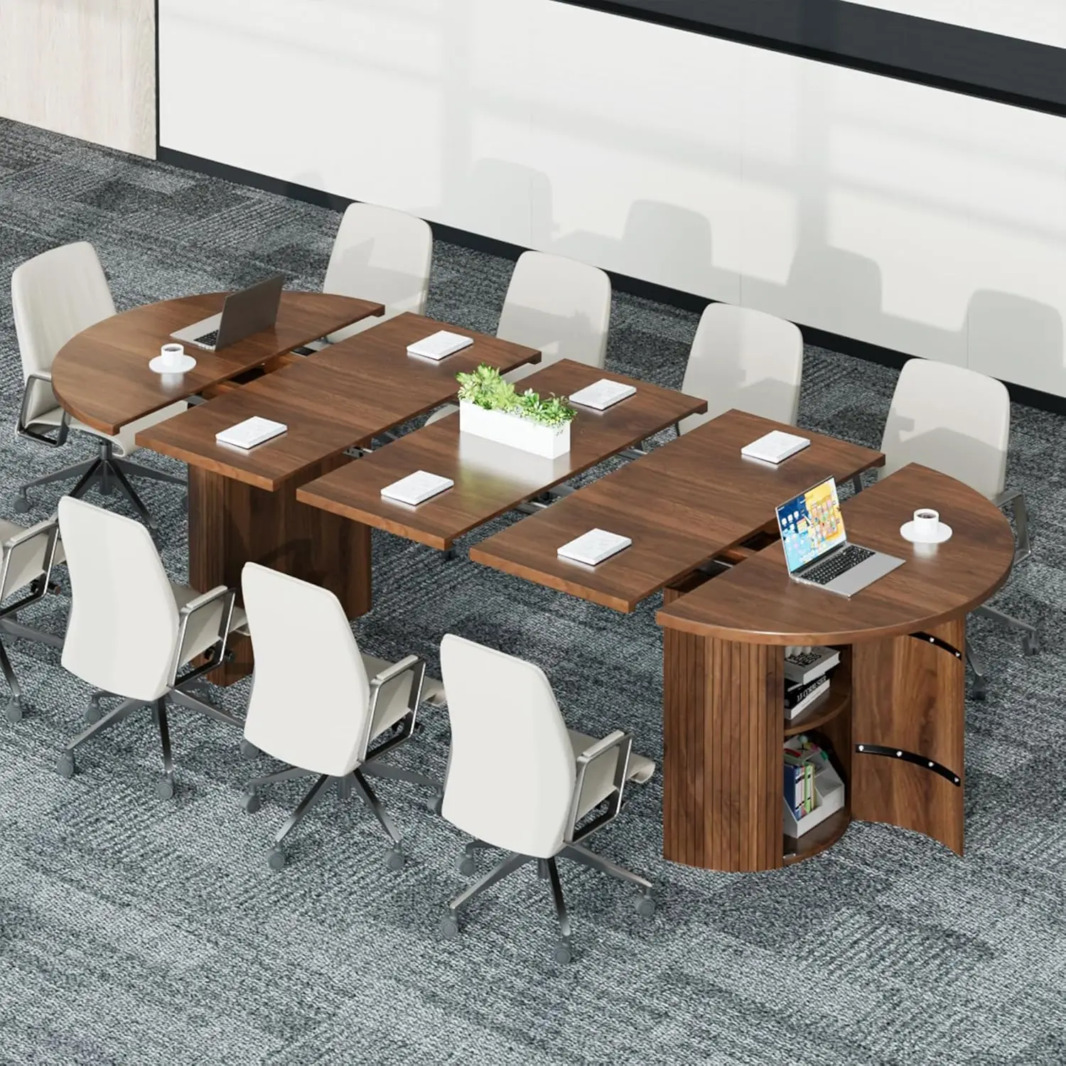 

8FT Extendable Conference Table 43-95in 3 Leaf 2 Storage Fluted Desk Office Boardroom Walnut Customized