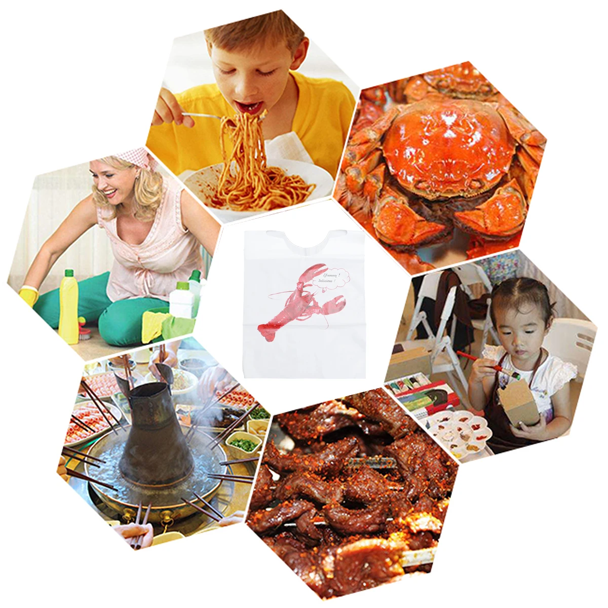 

Disposable Plastic Aprons Waterproof Oilproof Seafood Bibs Lobster Print For Catering Home Kitchen Hotpot Use Lightweight
