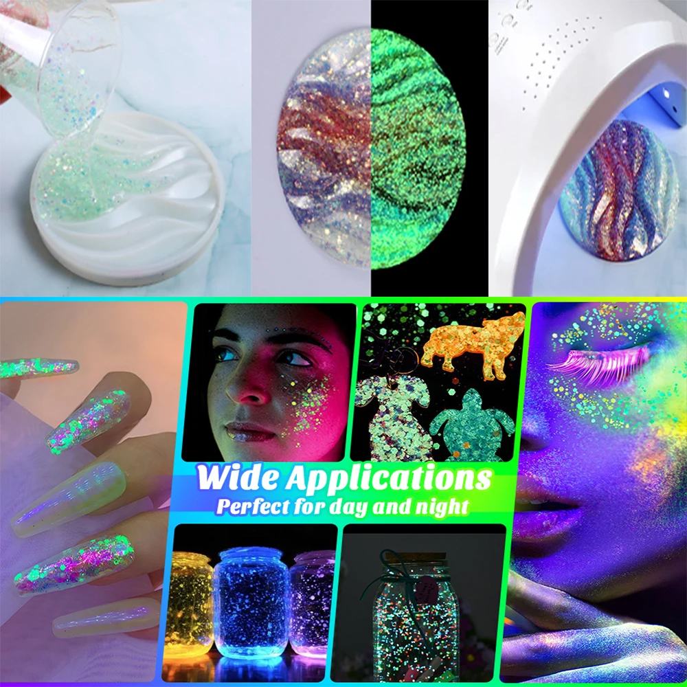 يتوهج في الظلام بريق ، 1.76 أوقية/50 جرام مزيج بريق مكتنز أبيض مضيء رقائق مسحوق ناعمة الفلورسنت مسمار الترتر مهرجان ديكور #6