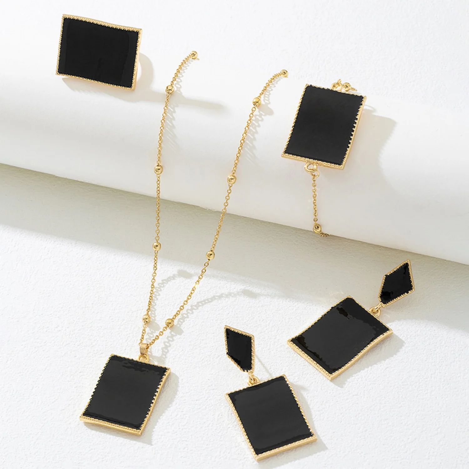 

Square Black Jewelry Set for Women Handmade Statement Bracelet Necklace Earrings Ring Set Minimalist Accessories for Party Gift