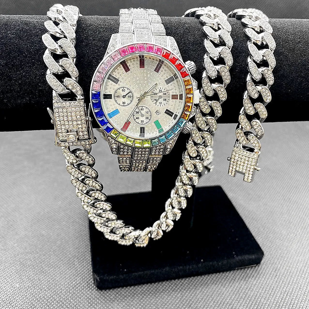 Imagem -03 - Relógios de Luxo Hip Hop Conjunto de Jóias para Homens e Mulheres Relógio Gelado Colar Pulseira Diamante Bling Corrente de Ligação Cubana Gargantilha Peças