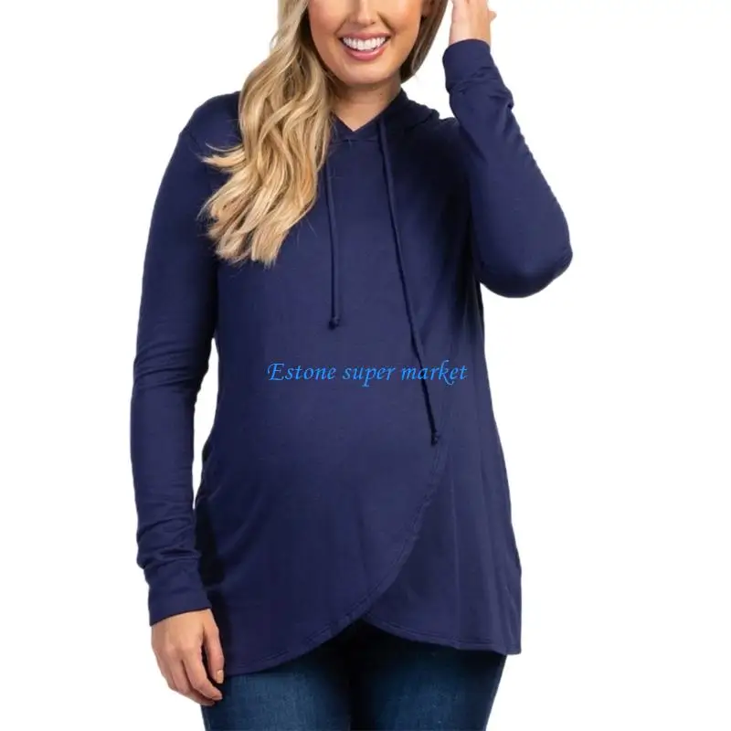 090B Maternity Sweatshirt Adjustable Drawstring Loose Pregnancy Hoodie With Pockets
