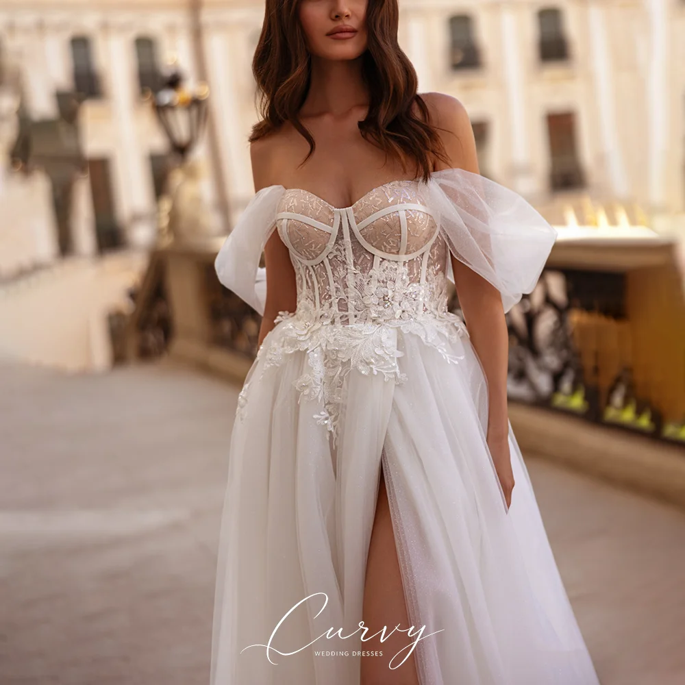 Curvy Minimalist Romantic Customized Off-Shoulder Corset Sheer Tulle Beaded A-Line Wedding Dress Sheer Bodice Side Slit 2026