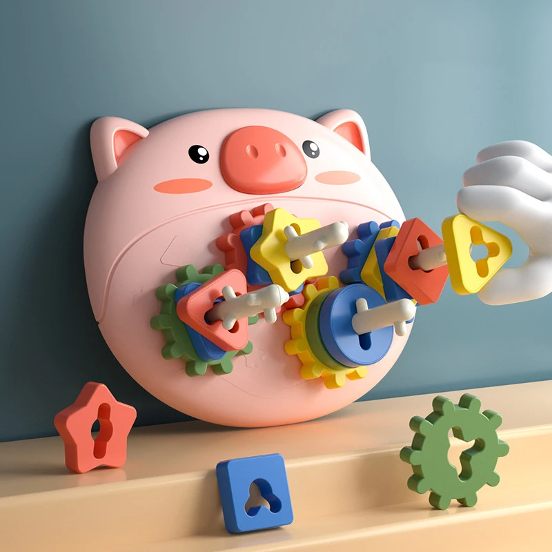 Piglet engrenagem bloco de construção educação engrenagem manga coluna pilha bloco pai interação cor cognição figura geométrica brinquedo