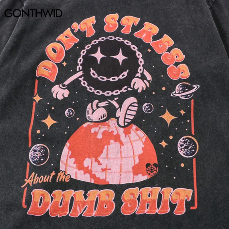 Funny Planet Space Print T Shirt 2023 Summer Vintage Washed Round Neck Y2K Cartoon T-shirt Graphic Casual Loose Streetwear