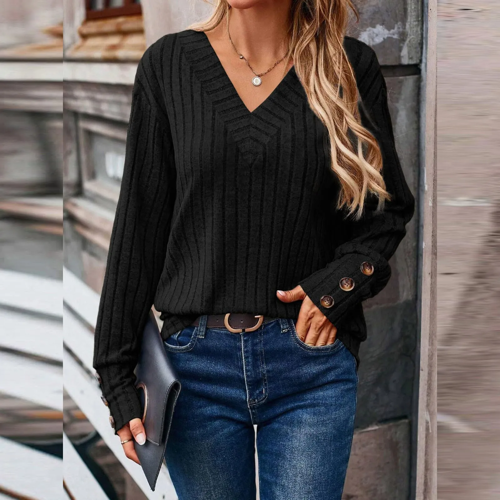 Camicia da donna autunno e inverno manica lunga con scollo a V bottone tinta unita elegante maglione femminile Top Pull Simple Chic Jumpers donna