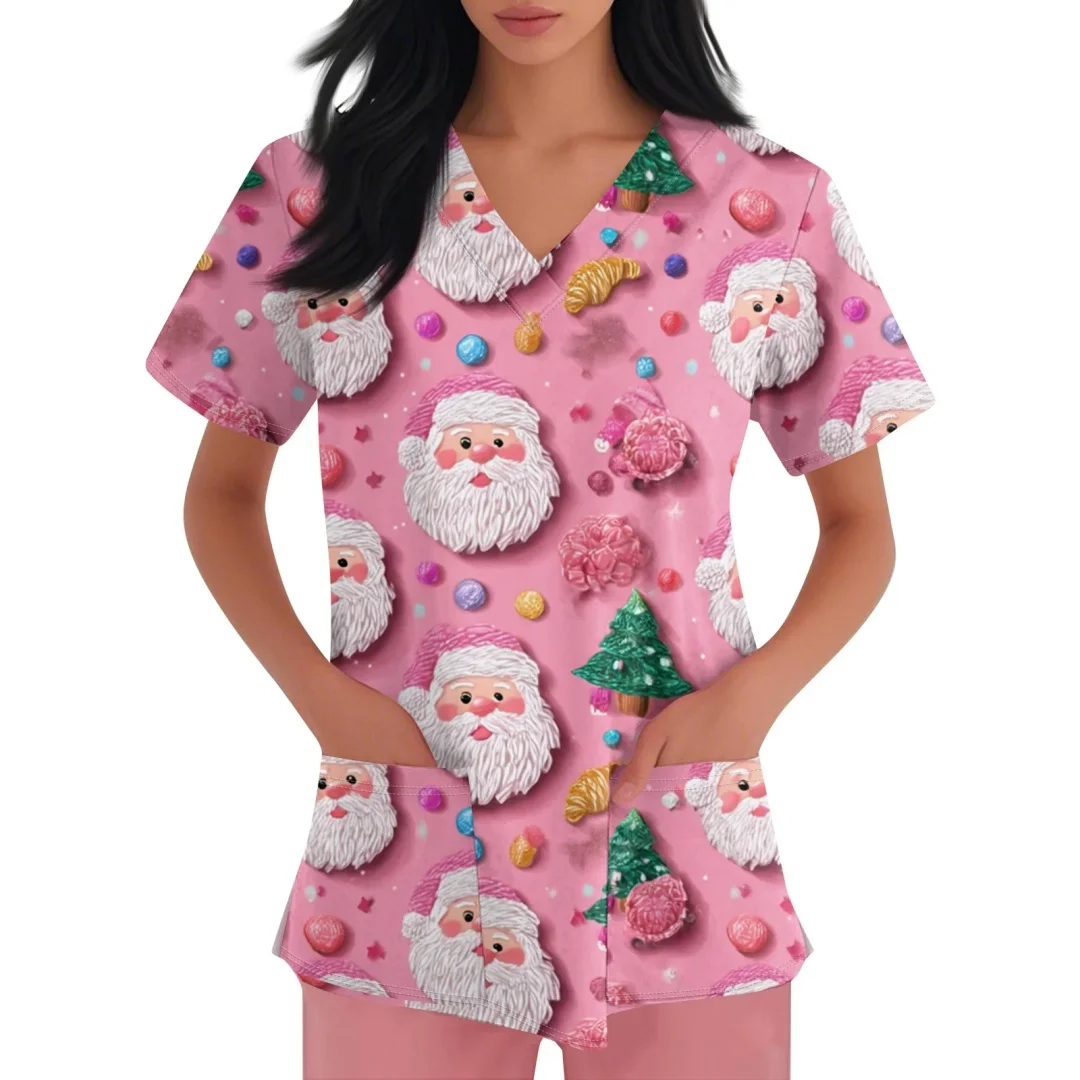 ชุดยูนิฟอร์มพยาบาลลายการ์ตูนซานตาคลอส แขนสั้น คอวี สำหรับผู้หญิง ทำงานในโรงพยาบาล หรือสถานพยาบาล