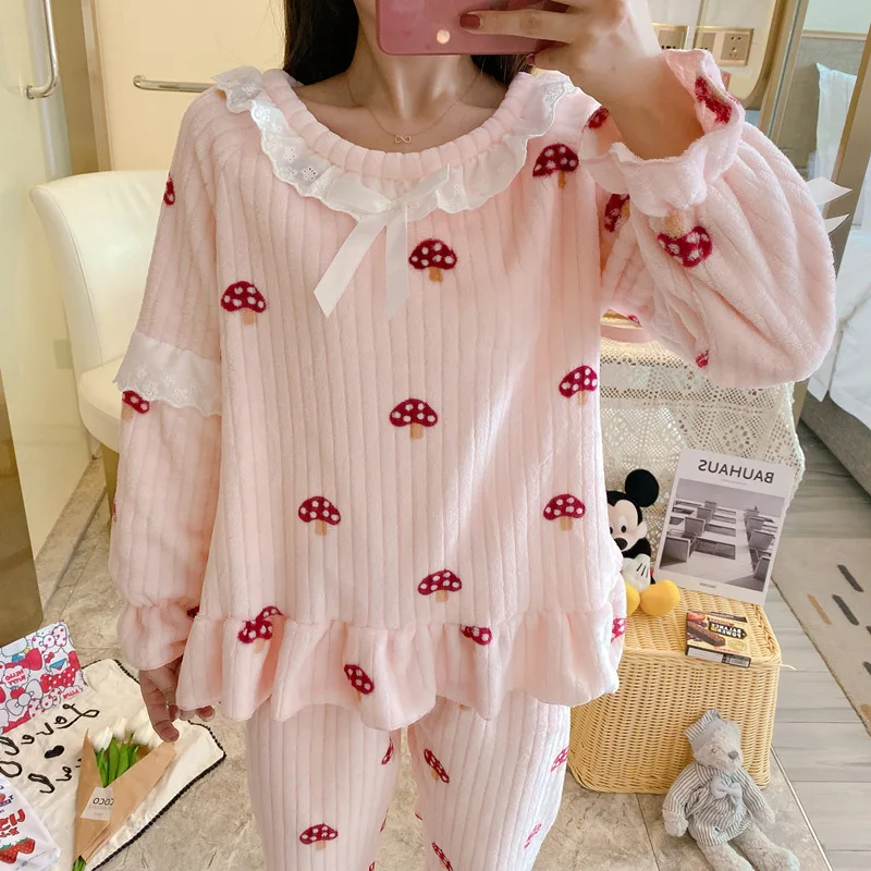 Princess Style Print Warm Pajamas Winter Lace Lapel Collar Long-Sleeved Pullover Top With Pants Two-piece Women Home Sleepwear