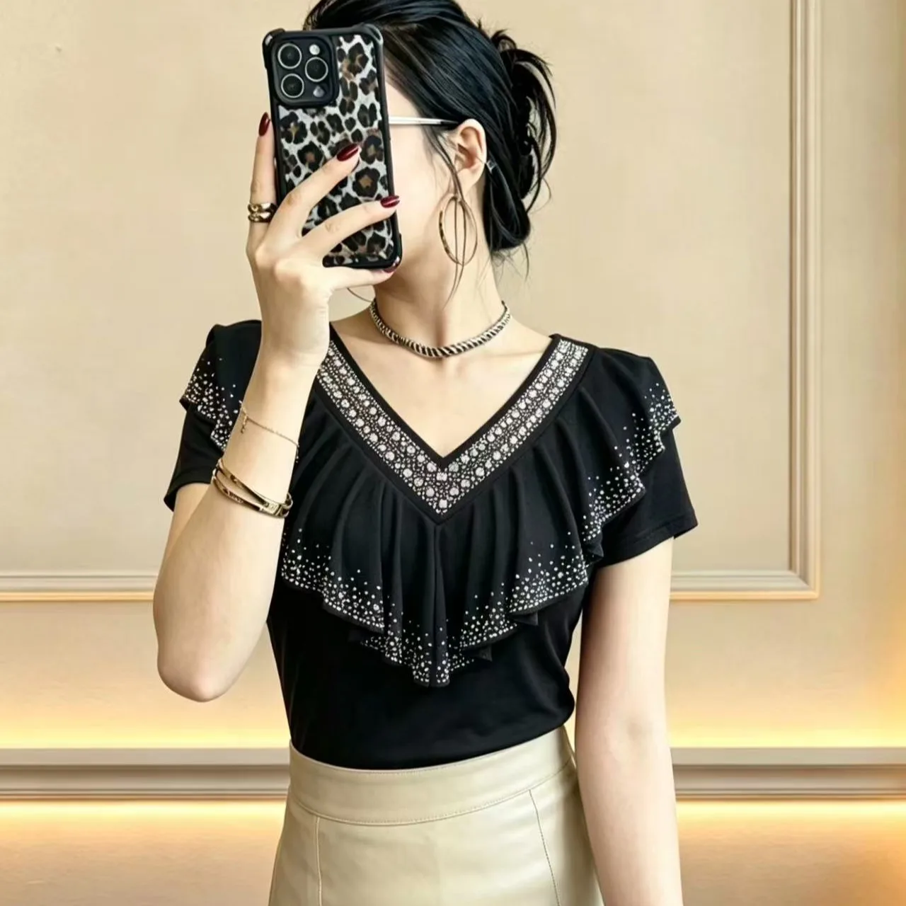 Summer Women's Fashion Slim Fit V-Neck Short Sleeve T-Shirt Heavy Embellished Ruffle Detail Diamond Detailing Trendy Top