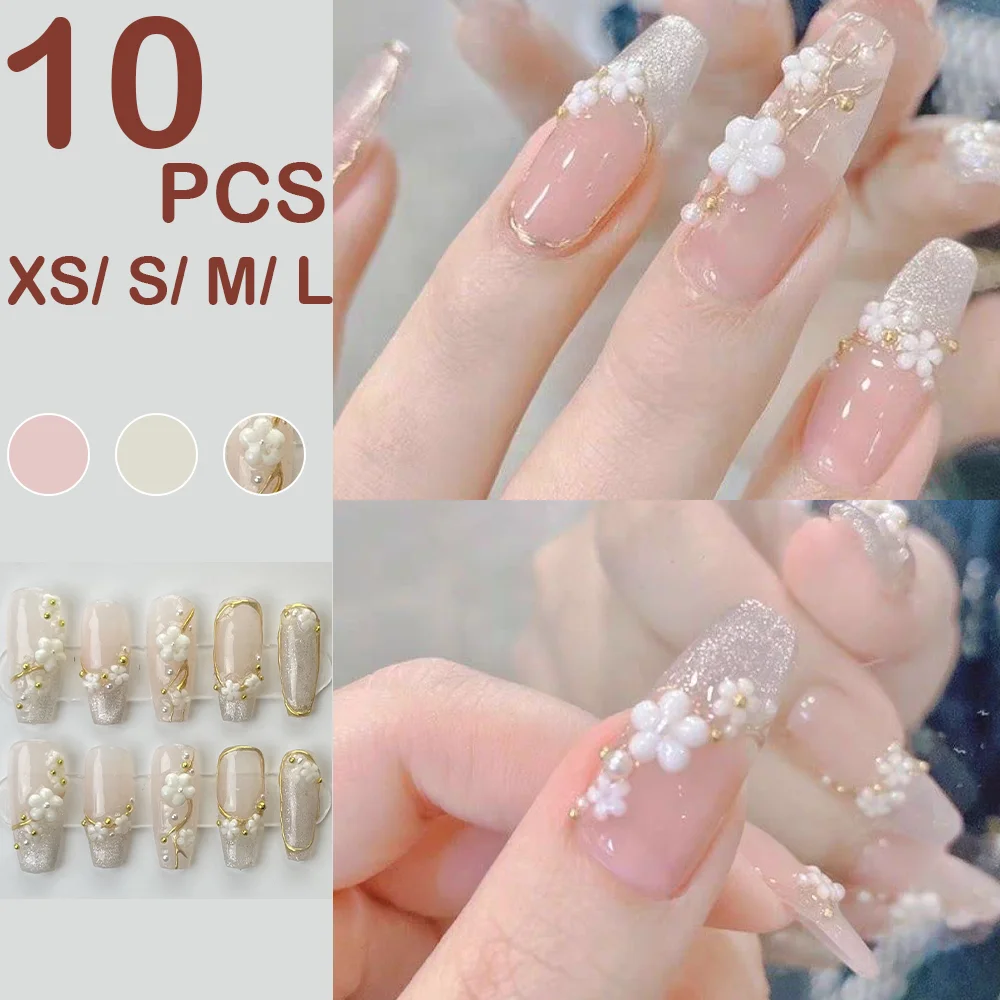 

10Pcs French Handmade Press On Nails Sparkly Sakura Cat Eye Long Coffin False Nails Summer Bride Detachable Transparent Nails