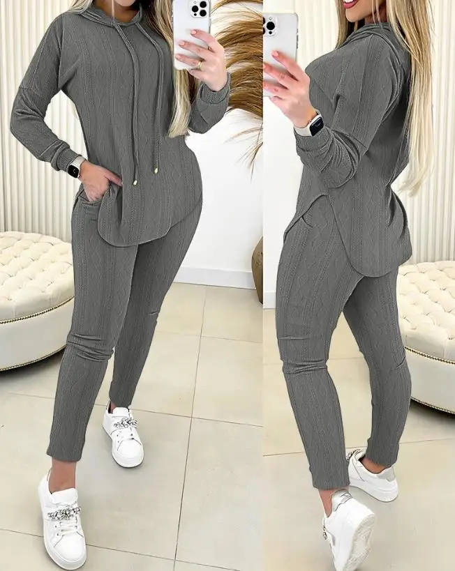 Casual Two Piece Sets Womens Outfits Cable Textured Long Sleeve Hooded Sweatshirt & Pocket Design Pants Set Fashion 2023 Autumn