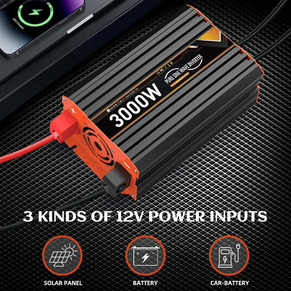 1500/3000 Pure Sine Wave Power Inverter DC 12V To 220 AC, Multi-port Output, Remote Switchable, Compatible With RV Battery,