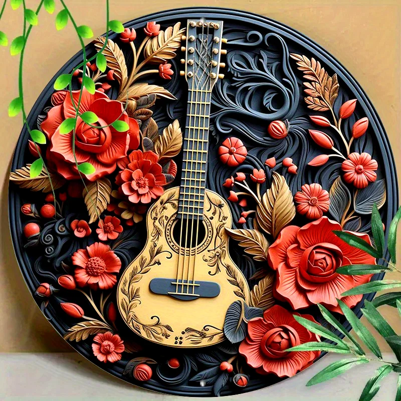 3D Relief Guitar & Floral Design Aluminum Artwork, Waterproof Wall Decor, Pre-Drilled - Metal Round Sign for Home, Office, Cafe