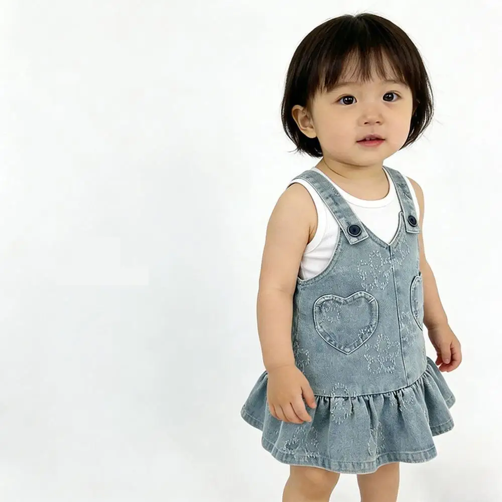 2026 Summer New Baby Girl Sleeveless Dress Cute Infant Denim Strap Dress Girls Sweet Heart Pocket Princess Dress Toddler Clothes
