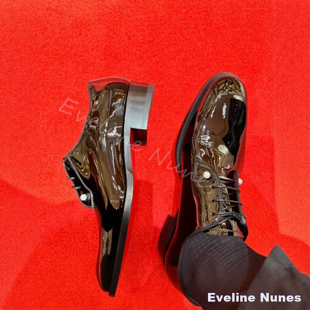 Black Patent Leather Lace Up Oxford Shoes Men Rhinestone Decor Square Toe Glossy Formal Dress Shoes Luxury Wedding Business Shoe