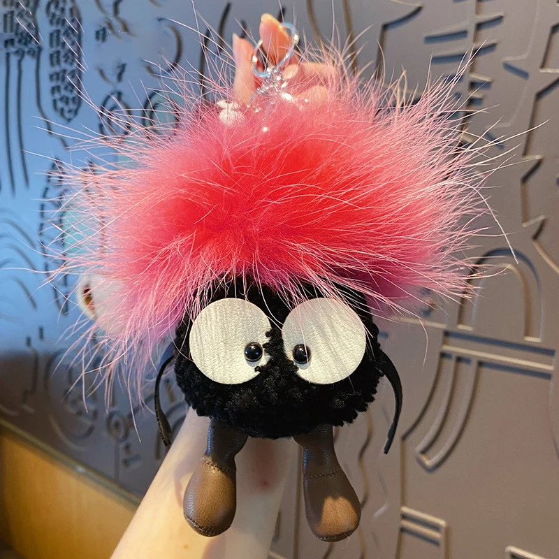 Cute Pink Explosive Hair Fox Hair Briquettes Key Chain Car Pendant Ins Ugly Big Eyes Plush Ball Elf Keychain Bag Hanging Jewelry