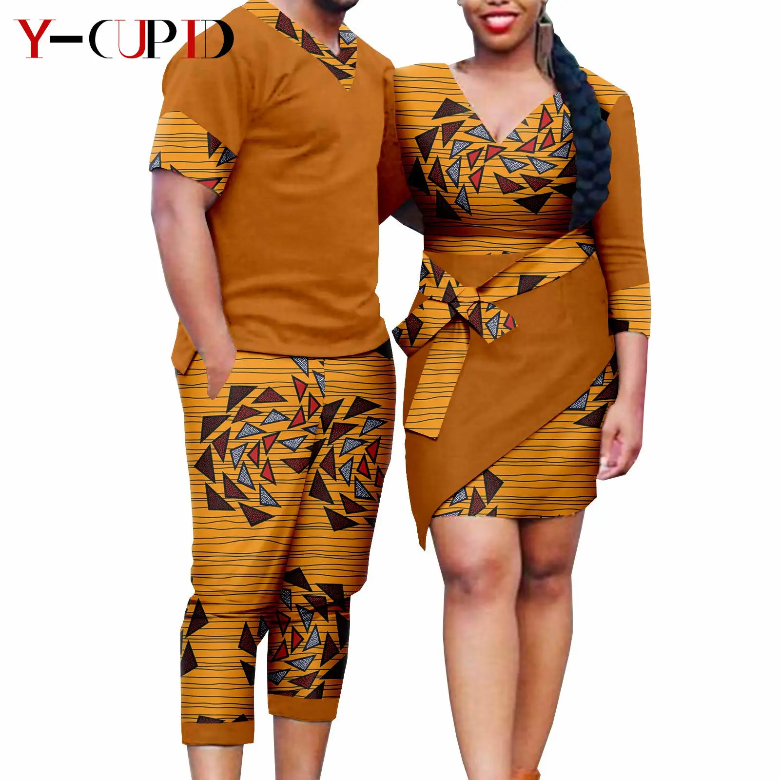 African Clothes for Couples Bazin Riche Women Ankara Print Dresses with Bowtie Matching Men Clothes Top and Short Sets Y21C019