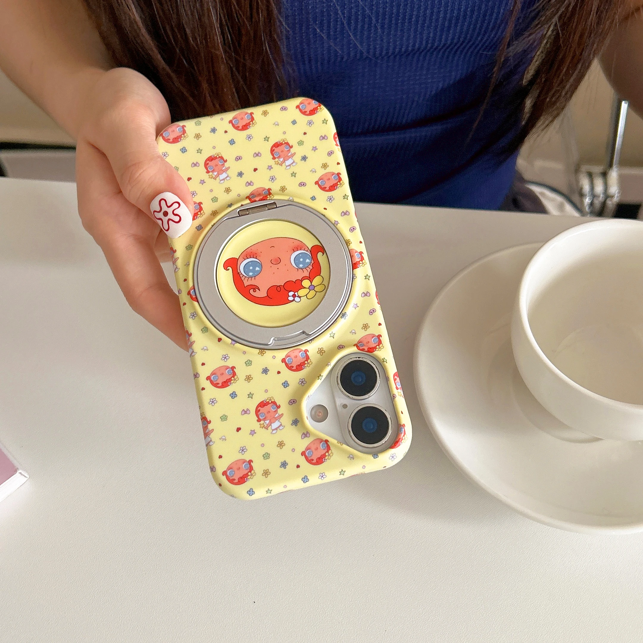 Kawaii Big Eyes Cartoon Girl With Magnetic Phone Case For iPhone 17 16 15 Pro Max Tiny Star Bow Flower Pattern Shockproof Cover