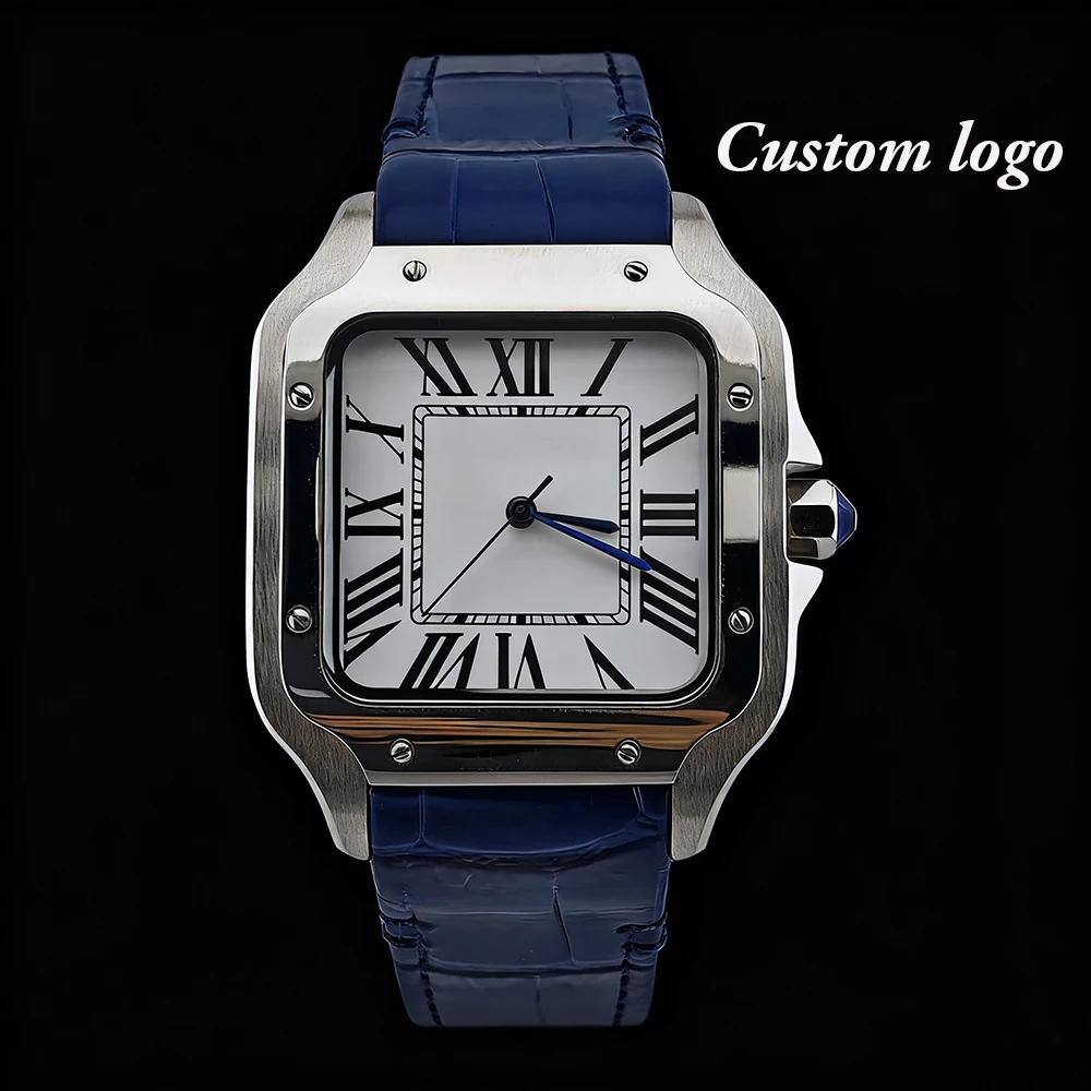 NH35 Watch 38mm Customized Logo Watch Stainless Steel Watch Men's Automatic Watch Blue Leather Strap NH35 Movement Watch