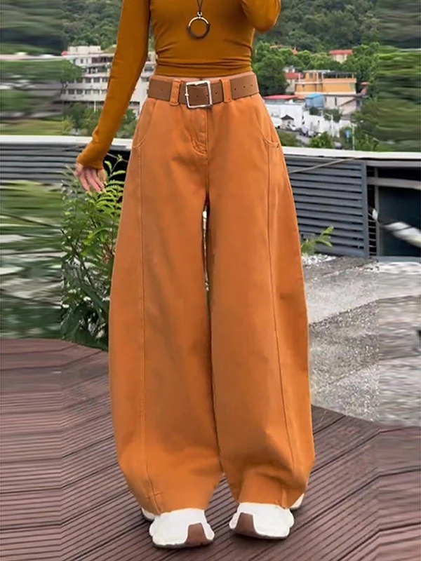 

Джинсы женские с высокой талией, широкими штанинами, оранжевые, из денима, с декоративными элементами, свободного кроя, осенне-зимняя новинка