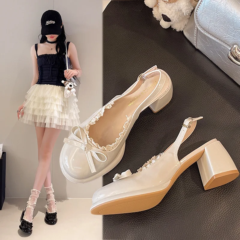 

Новые сандалии на высоком каблуке в стиле ретро Baotou, женские новые летние сандалии и тапочки с круглым носком и неглубоким носком, украшенные бантом