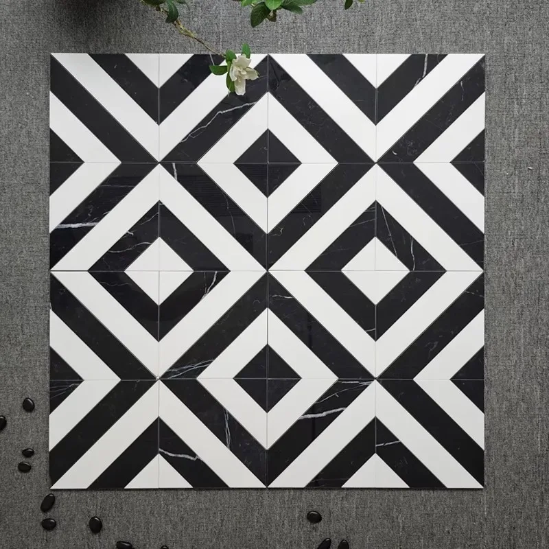 

Carrara White & Black Herringbone Marble Mosaic 40x40 Inches Polished Villa Floor Bathroom Decorative Tile