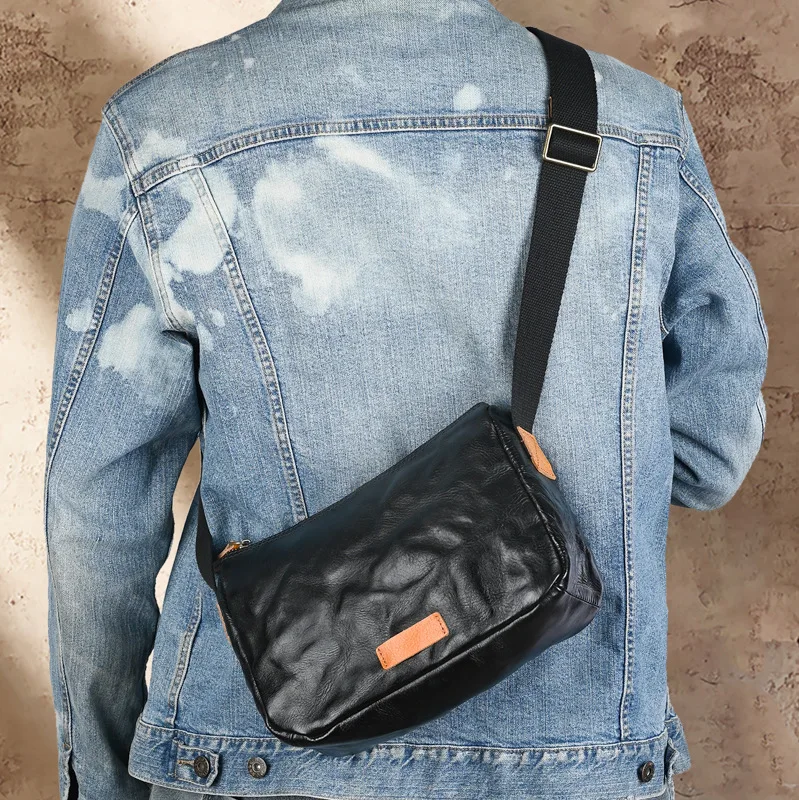 Handmade Genuine Mad  Leather Men's Crossbody Bag Top Layer Cowhide Single Shoulder Bag Vintage Small Backpack
