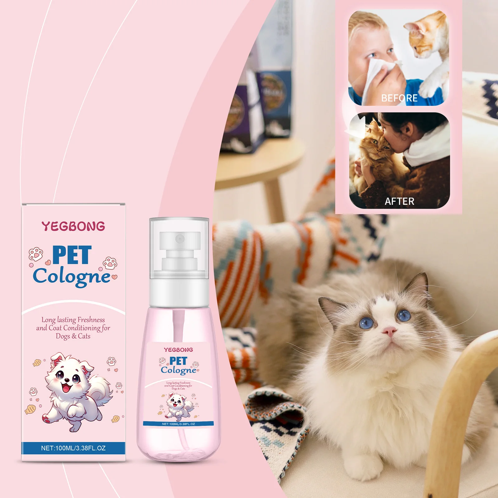 Colonia para Mascotas con Aroma a Talco para Bebé, Larga Duración, Elimina Olores Naturales, Perfume Portátil para Mascotas, Cuidado Diario Fresco, Spray Desodorante para Perros y Gatos