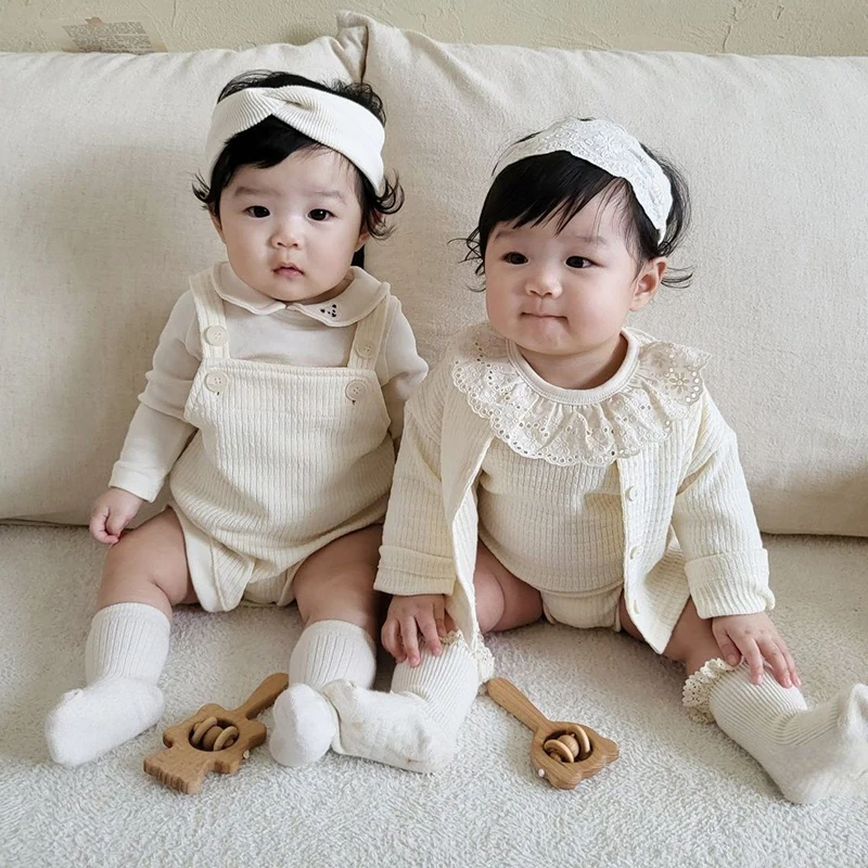 Autumn Korean Style Newborn Baby Girls Clothing Sets Solid Color Cotton Rompers+Coat Spring Toddler Baby Girls Clothes Suit