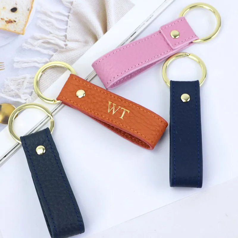 Keychain Free Personalization Custom Initial Name Pebble Grain Genuine Leather Car Keyring Dropshipping  High Quality Cowhide