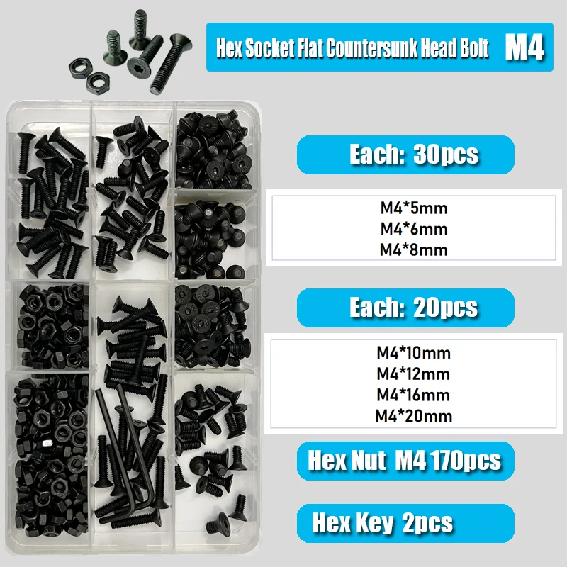 Senkkopf-Sechskantschrauben-Muttern-Set mit flachem Kopf, M2, M3, M4, M5, M6, schwarzer Stahl der Güteklasse 10,9, Innensechskant-Inbusschraube mit Senkkopf – Detail 11