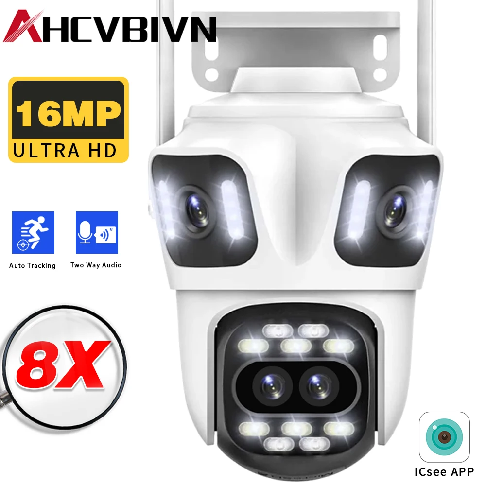 

360° Quad-lens Three-screen Outdoor PTZ Camera 8K16M PWiFi Security with 8× Zoom Automatic Tracking and ICSEE/P2P