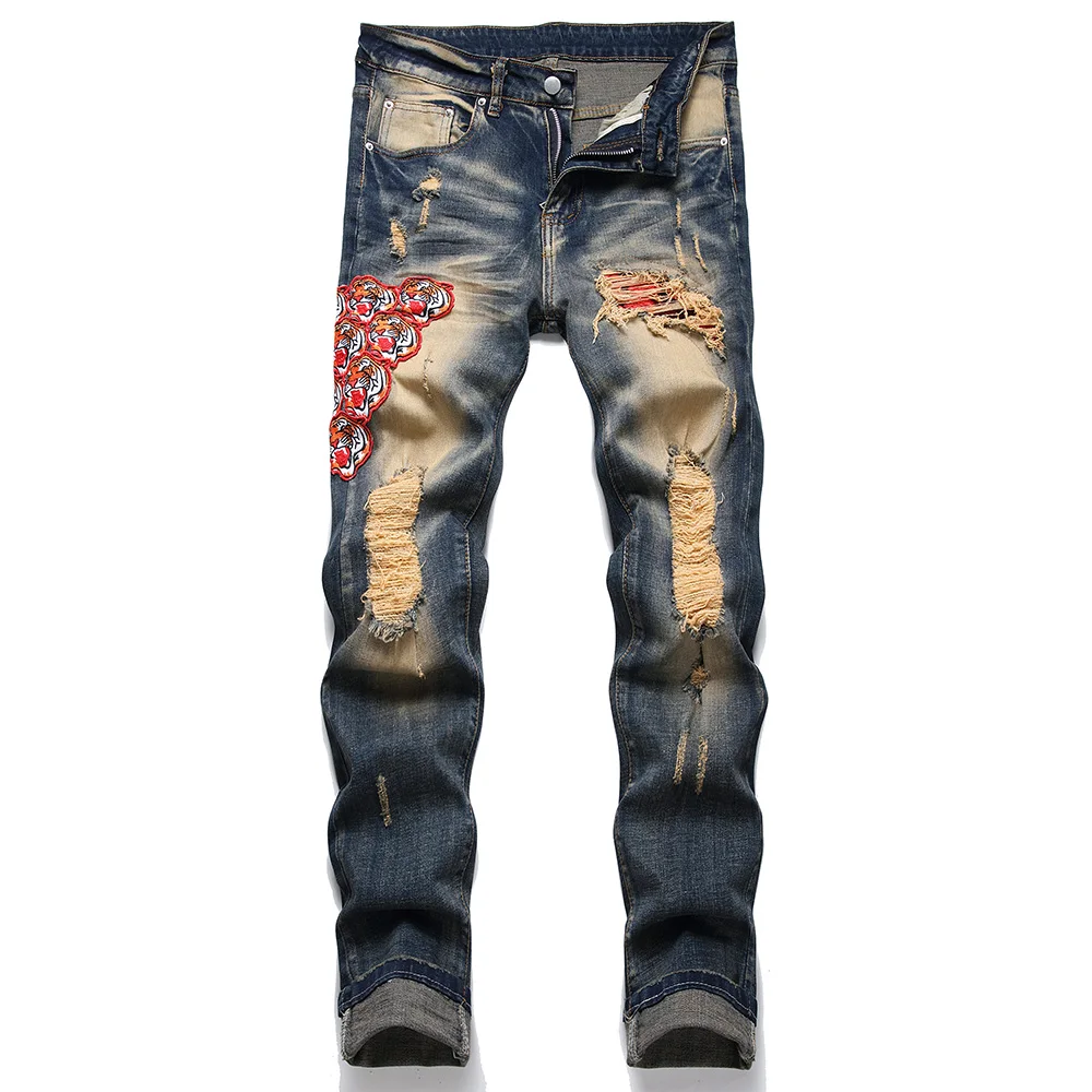 

Men Tiger Embroidery Patch Denim Jeans Streetwear Holes Ripped Distressed Pants Slim Straight Stretch Trousers