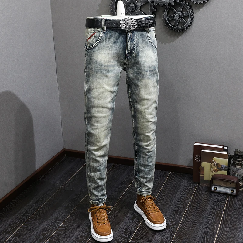 

Italian Style Fashion Men Jeans High Quality Retro Washed Blue Stretch Slim Fit Ripped Jeans Men Vintage Designer Denim Pants