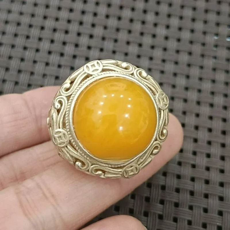 Vintage Collectible Thumb Ring, White Copper Silver Plated Inlaid Amber Gem, Hand Carved Unisex Retro Statement Jewelry