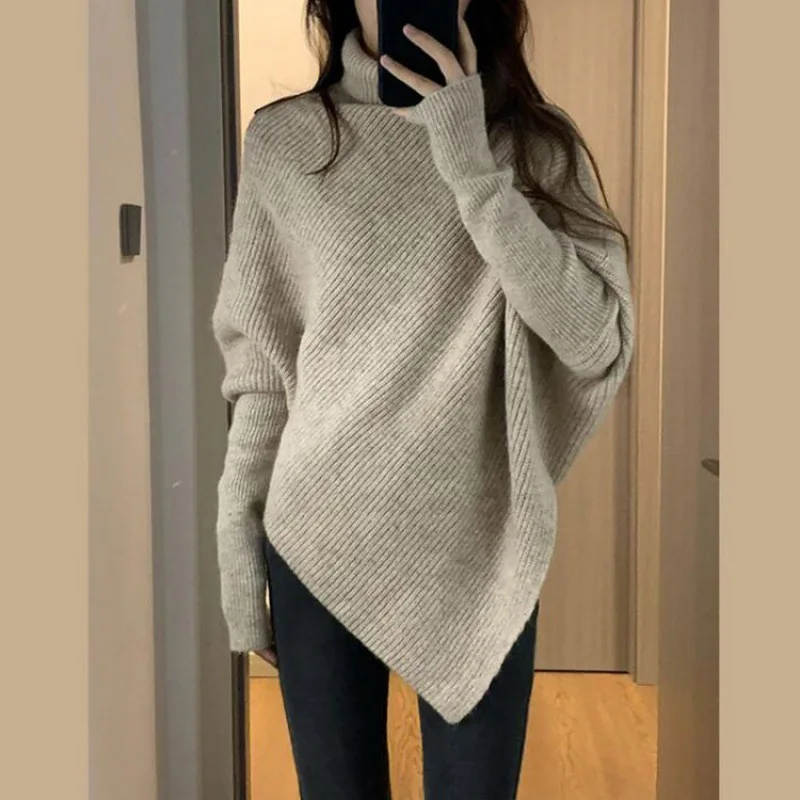 

Hawlife Korean Knitted Loose Turtleneck Pullover Sweater Long Sleeve Grey 003