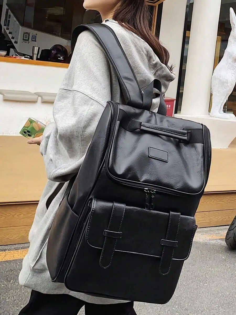 Large Capacity Classic Medium Classic Backpack Patch Decor Minimalist Black For Women,Rookies & White-Collar Workers Perfect For
