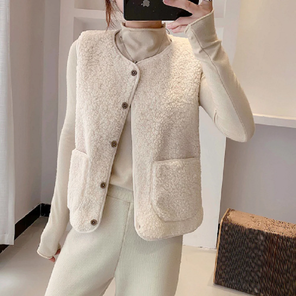 Women Lamb's Fleece Vests Jacket New Spring Autumn Button Waistcoat Winter Warm Fleece Sleeveless Outwear Female