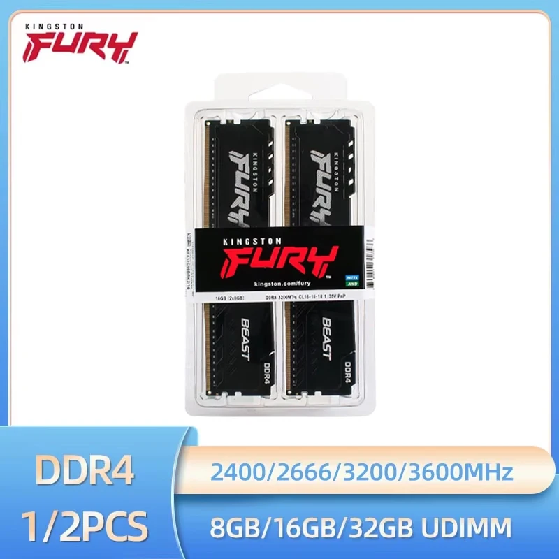Kingston Fury Beast DDR4 16GB 4GB 8GB KIT 3200MHz 2666 2400 3600MHz Dimm Memoria Ram PC4-21300 PC4-25600 288Pin Memória para jogos
