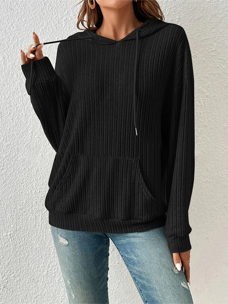 Autumn Women Loose Drawstring Hoodies Warm Long Sleeve Pockets Solid Color Sweatshirts 2024 Female Street Casual Stripe Clothing