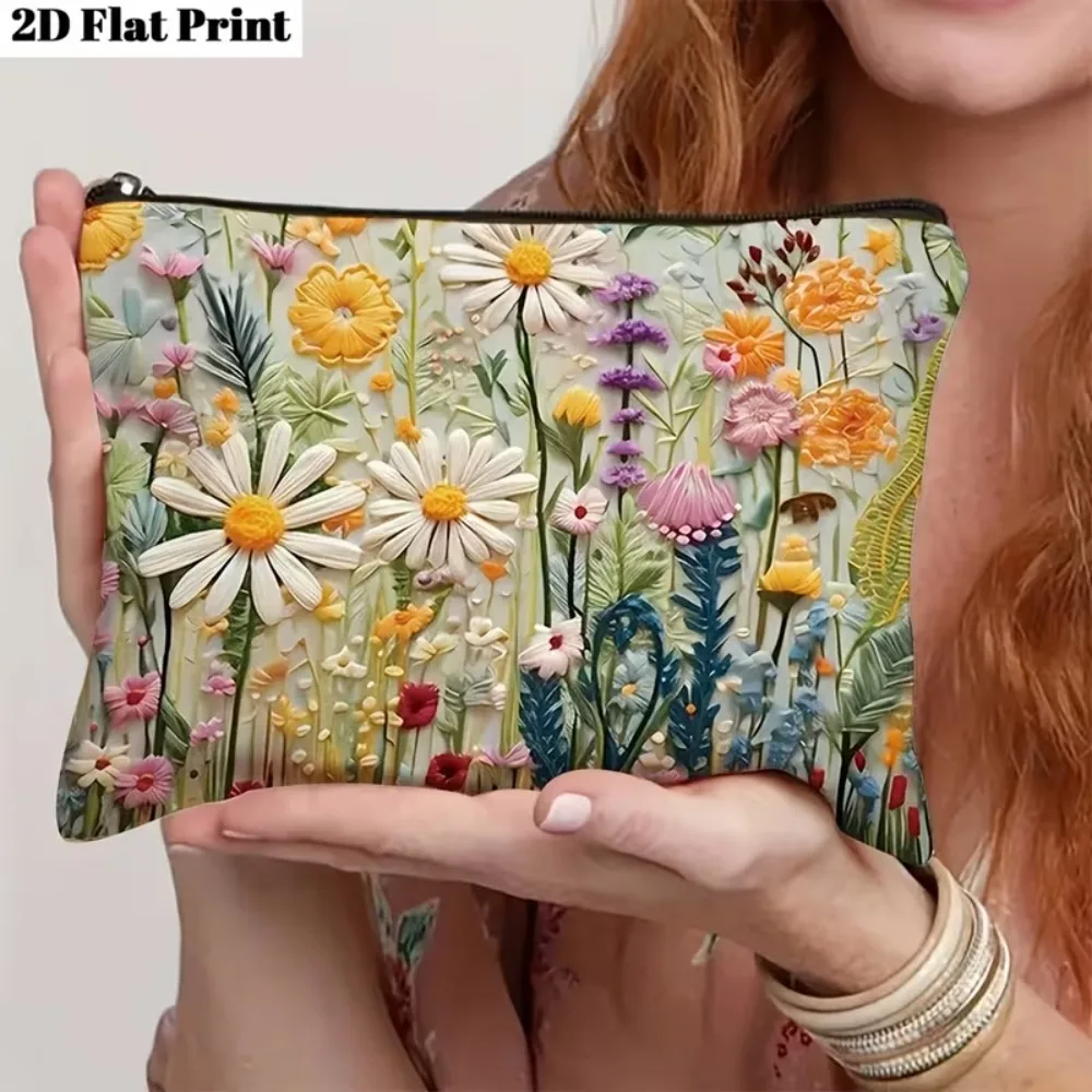 Wildflower Print Zipper Pouch Women Portable Cosmetic Bag Colorful Daisy Floral Makeup Storage Pouch Travel Toiletry Organizer