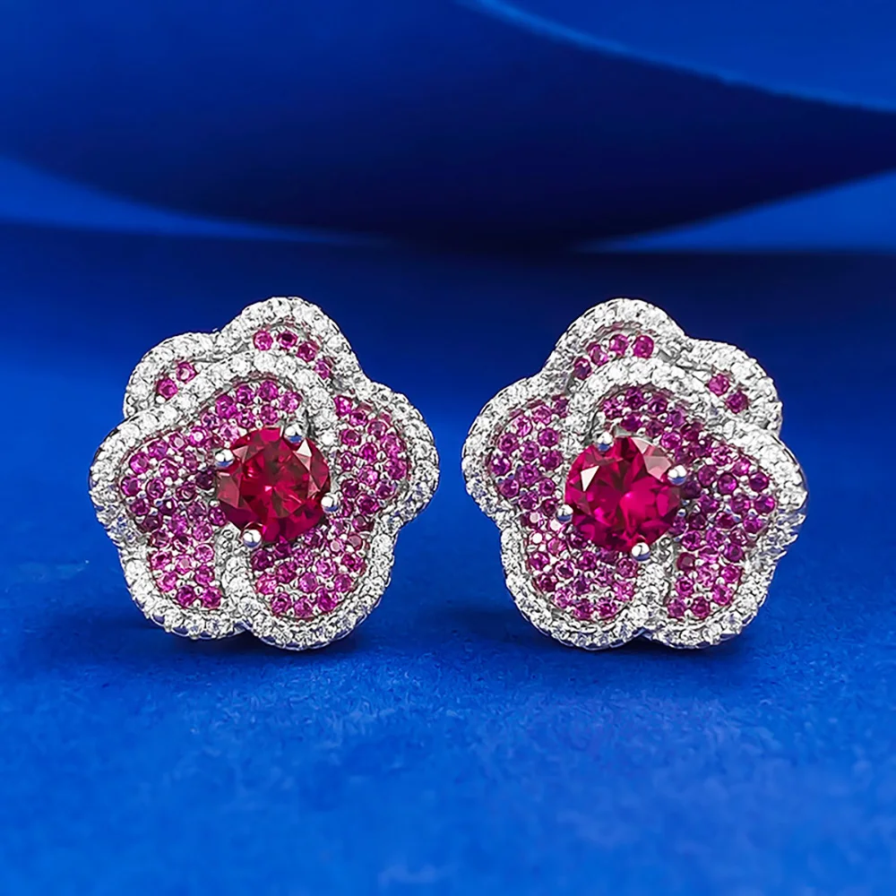 Retro 925 Sterling Silver 5mm Blood Red Ruby Gemstone Flower Stud Earrings for Women Wedding Party Fine Jewelry Anniversary Gift