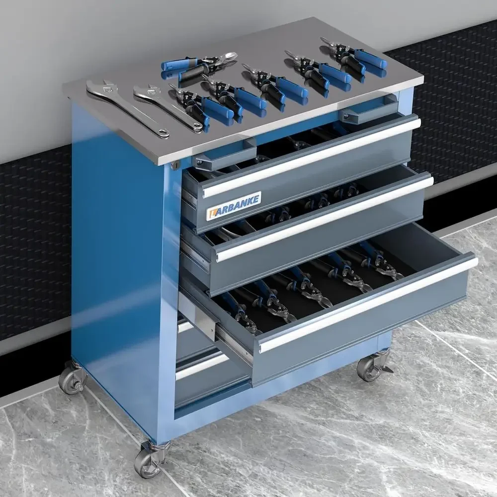 Rolling Tool Chest with Wheels, Locking System, Stainless Steel Top for Mobile Storage and Workstation Use in Garage, Home, or O
