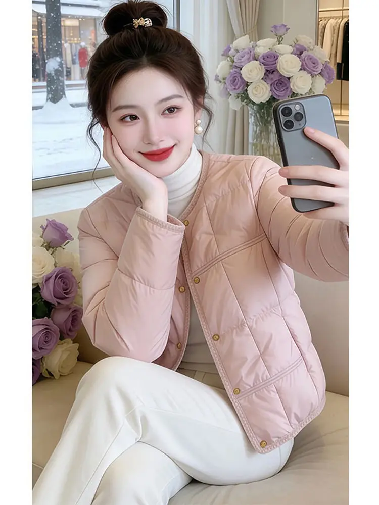

Korean Sle ort Cotton Jaet Women's round Ne Warmth Faionable Autumn Winter Coat Slimming Outerwear Small Size